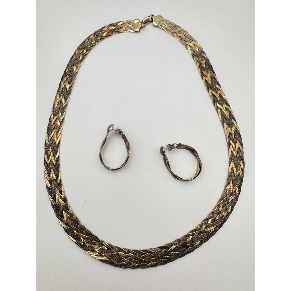 Vintage Herringbone Necklace Earring Braided Italy 925 Tri Color Sterling Silver
